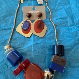 Chico's Red and Blue Statement Necklace and Earrings Set